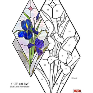 May include: A stained glass pattern for a diamond-shaped window featuring a blue iris flower with green leaves. The pattern is labeled "Iris Diamond" and includes numbered pieces for assembly. The pattern is 4 1/2 inches by 9 1/2 inches and is labeled "Skill Level Advanced".