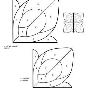 Puede incluir: Un dibujo en blanco y negro de un patrón de vitral de spinner de pavo real. El patrón está dividido en nueve secciones, numeradas del 1 al 9. El patrón es para un spinner de 4 pulgadas o 4 1/2 pulgadas. El texto "Peacock Spinner" y "4" & 4 1/2" Versions" está en la parte superior de la imagen. El texto "Down East Stained Glass" está en la parte inferior de la imagen.
