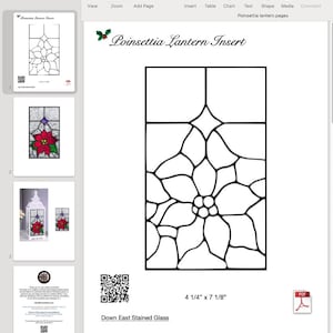 以下が含まれることがあります： ポインセチアランタンインサートの白黒線画。デザインはポインセチアの花と幾何学模様が特徴です。寸法は10.8 cm x 18.1 cmです。「Poinsettia Lantern Insert」と「Down East Stained Glass」の文字も表示されています。