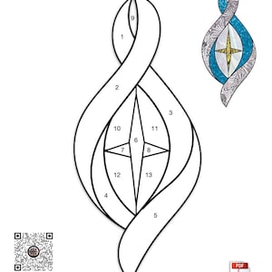 May include: A black and white line drawing of a star-shaped stained glass pendant with 13 numbered sections. The pendant is 4 inches by 9 inches. The image includes the text "Star Pendant" and "Down East Stained Glass".