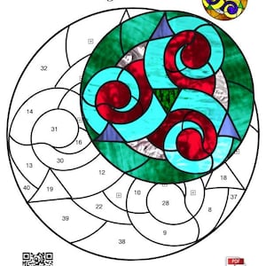 May include: A stained glass pattern design titled "Celtic Water Trefoil". The design features a central circular motif with swirling red, teal, and green elements. The pattern is 8 inches in diameter and consists of 40 pieces of glass.