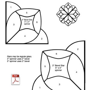 Puede incluir: Un diagrama en blanco y negro que muestra cómo cortar vidrio para un spinner de estrella biselada de 10 cm por 10 cm. El diagrama incluye instrucciones para cortar un spinner de estrella biselada de 5 cm y un spinner de estrella biselada de 7,5 cm. El texto "Las estrellas pueden ser de vidrio normal. El spinner de 10 cm utiliza un bisel de 5 cm. El spinner de 12,5 cm utiliza un bisel de 7,5 cm" está incluido en el diagrama.