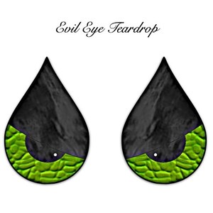 May include: A pair of black teardrop-shaped earrings with green and purple evil eyes.
