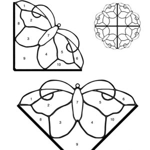May include: Black and white line art pattern for a stained glass butterfly spinner. The pattern includes numbered sections for cutting and assembling the glass pieces. The pattern is available in 4-inch and 5-inch versions.