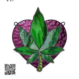 May include: Stained glass art piece featuring a green cannabis leaf within a purple heart shape. The artwork is approximately 6 inches by 7 inches. The text "Weed Heart" is displayed at the top.