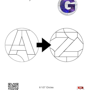 Peut inclure: Une page blanche avec le texte "Round Alphabet" en cursive. L'image montre un motif circulaire avec la lettre "A" et une flèche pointant vers un motif circulaire avec la lettre "Z". Un motif circulaire avec la lettre "G" est également affiché. Le texte "6 1/2" Circles" est en bas.