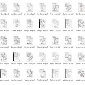 May include: A collection of 48 origami paper folding patterns, each displayed as a PDF file with a black and white illustration of the folded design. The patterns are organized in a grid format, with each file labeled with a descriptive name.