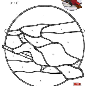 Könnte beinhalten: Ein schwarz-weißes Bleiglasmuster für eine Hexe mit einem Besen, beschriftet mit "Witch" und "8" x 8". Das Muster ist in 20 Abschnitte unterteilt, die von 1 bis 20 nummeriert sind.