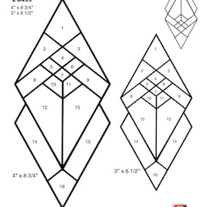 May include: A black and white diagram showing two Frank Lloyd Wright diamond stained glass patterns. The larger pattern is 4 inches by 8 3/4 inches and the smaller pattern is 3 inches by 6 1/2 inches. Each pattern is numbered 1 through 16.