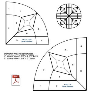 May include: Diagram showing how to cut a traditional bevel diamond spinner. The diagram shows two different sizes of diamond spinners, one with 1 1/2 inch by 2 1/2 inch bevels and the other with 1 3/4 inch by 3 inch bevels. The diagram also includes instructions for cutting the diamonds and a note that diamonds may be regular glass.
