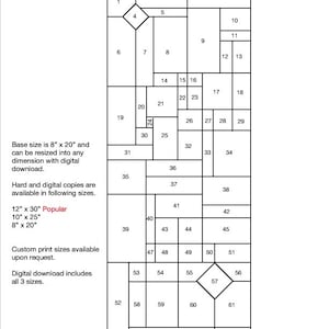 May include: A black and white diagram showing a grid pattern with numbers 1 through 63. The grid is labeled "Prairie Blocks 8" x 20" PDF". The text "Base size is 8" x 20" and can be resized into any dimension with digital download." is below the grid. The text "Hard and digital copies are available in following sizes. 12" x 30" Popular 10" x 25" 8" x 20" " is below the text. The text "Custom print sizes available upon request. Digital download includes all 3 sizes." is below the text. The text "Down East Stained Glass Pattern purchase allows full permission for resale of finished glass work and personal use. Resale of pattern is prohibited." is at the bottom of the diagram.