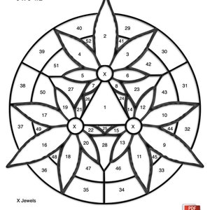 May include: A black and white diagram of a stained glass window design called "Weed Trefoil" with 52 numbered sections. The design is a circle with a three-leaf clover shape in the center. The text "X Jewels" is at the bottom left of the diagram. The text "Down East Stained Glass" is at the bottom center of the diagram.