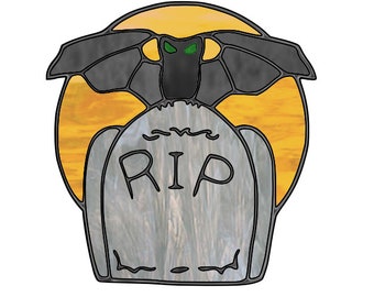 Halloween Bat on Tombstone Stained Glass Pattern PDF