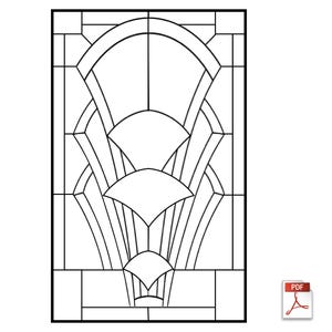 Op de afbeelding: Zwart-wit Art Deco glas-in-lood patroon. Het ontwerp bevat geometrische vormen en waaiervormige elementen, met de tekst "Art Deco Lead" bovenaan en "Down East Stained Glass" onderaan. Een PDF-pictogram staat rechtsonder.