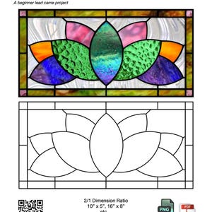 May include: A stained glass pattern titled Lotus Lead, a beginner lead came project. The image displays a colorful lotus flower design with pink, green, orange, and purple glass pieces, alongside a black and white line drawing template.