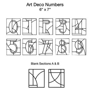 May include: Black and white line art design of numbers 0-9 in an Art Deco style. The numbers are 6 inches by 7 inches. The image also includes two blank sections labeled A and B.