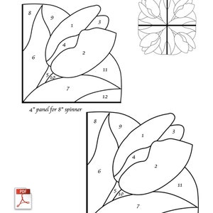 May include: A black and white line drawing of a tulip spinner pattern. The pattern is divided into 12 sections, each numbered. The pattern is for a 4-inch and 4 1/2-inch spinner. The text "Tulip Spinner" and "4" & 4 1/2" Versions" is at the top of the image. The text "4" panel for 8" spinner" is below the first pattern. The text "4 1/2" panel for 9" spinner" is below the second pattern. The text "Down East Stained Glass" is at the bottom of the image.