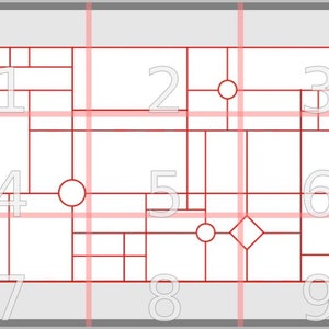 May include: A diagram with a grid of nine squares, each containing a number from 1 to 9. The squares are divided into smaller squares by red lines. There are circles and a diamond shape within the grid.