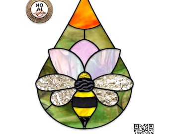 Motif de vitrail en forme de larme représentant un pollinisateur ~ PDF et PNG