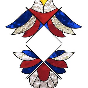 May include: A symmetrical stained glass design of an eagle with outstretched wings. The eagle features a white head, a yellow beak, and wings in shades of blue, red, and white. The design is outlined in black.