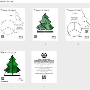 Könnte beinhalten: Fünf druckbare Vorlagen für Glasmalerei-Weihnachtsbäume werden gezeigt. Die Designs umfassen verschiedene Baumformen, einen Sockel und den Text "Christmas Tree Triad". Jedes Muster befindet sich auf weißem Hintergrund.