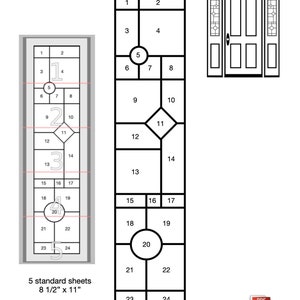 Op de afbeelding: Diagram met een ontwerp voor een glas-in-loodraam genaamd "Prairie Blocks Sidelite". Het ontwerp bestaat uit 24 afzonderlijke vierkanten, met de nummers 1 tot en met 24 in elk vierkant. Het raam is 20,3 cm breed en 91,4 cm hoog. Het ontwerp is voor 5 standaard vellen van 21,6 cm x 27,9 cm.