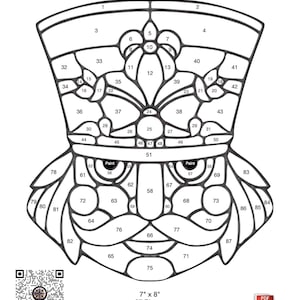 Puede incluir: Un dibujo en blanco y negro de un patrón de vitral de la cara de un cascanueces. El patrón está dividido en 87 piezas numeradas, con el texto "Nutcracker Face" en la parte superior y "7" x "8" 87 Pieces" en la parte inferior.