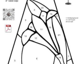 May include: A stained glass pattern for a 16-inch hexagon lily lamp. The pattern includes 22 pieces, numbered 1 through 22. The pattern includes a background, flower, and leaf sections. The pattern is for use with a 3-inch vase cap.