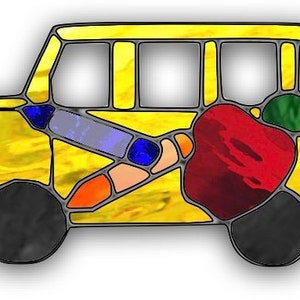 May include: A stained glass depiction of a yellow school bus with a red apple and a blue pencil inside. The bus has a black outline and the windows are outlined in black.