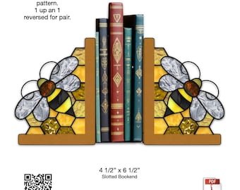 Diseño de vidrieras con forma de abeja para sujetalibros.