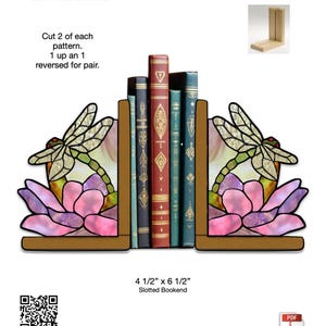 May include: Dragonfly bookends with a stained glass design. The bookends feature a dragonfly and flower motif in shades of purple, pink, and green. The bookends are 11.4 cm x 16.5 cm. The text "Dragonfly Bookends" is at the top.
