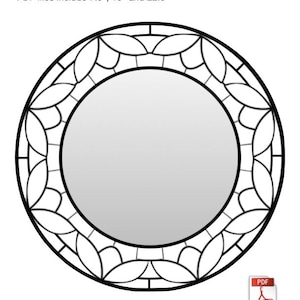 May include: A black and white line drawing of a round mirror with a geometric lotus design. The mirror is available in 7.5", 15", and 22.5" sizes. The text "Geo Lotus Mirror" and "Down East Stained Glass" are also included in the image.
