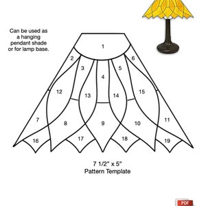 May include: A black and white line drawing pattern template for a sunflower pendant lamp. The template is 7 1/2 inches by 5 inches and is labelled with numbers 1 through 19. The text "Sunflower Pendant Lamp" and "Down East Stained Glass" are also included in the image.