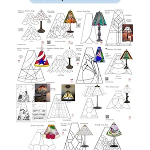 May include: A white background features a collection of lamp pattern designs. The text "15 Lamp Pattern Pack" is at the top. The patterns include various lamp styles, with detailed outlines and designs for stained glass lampshades.