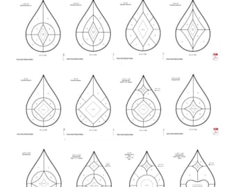 May include: A set of 12 teardrop-shaped stained glass patterns for a 5 inch by 7 1/2 inch project. The patterns are black and white and show the layout of the glass pieces.