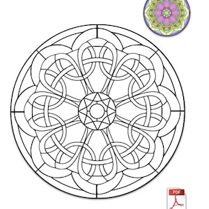 Könnte beinhalten: Ein schwarz-weißes keltisches Mandala-Design mit komplizierten Knotenmustern. Das Design ist kreisförmig und hat eine sternförmige Mitte. Der Text "Celtic Mandala" und "PDF files include 16" & 24" " befindet sich oben im Bild. Eine kleinere farbige Version des Mandalas befindet sich in der oberen rechten Ecke des Bildes.