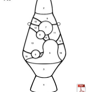 May include: A black and white line drawing of a stained glass lava lamp pattern. The pattern is numbered 1 through 18. The pattern is 4 inches by 9 inches. The text "Down East Stained Glass" and "Pattern purchase allows full permission for resale of finished glass work and personal use. Resale of pattern is prohibited." is at the bottom of the image.