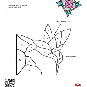 Może przedstawiać: Wzór witrażu Hummingbird Spinner, czarno-biały rysunek kolibra z ponumerowanymi sekcjami na kawałki szkła. Wzór jest przeznaczony do wirówki o średnicy 10-12 cali, wielkości talerza obiadowego. Tekst "Down East Stained Glass" znajduje się na dole wzoru.