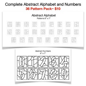 May include: A set of 36 black and white abstract alphabet and number patterns. The patterns are in a grid format and are 15.2 cm by 17.8 cm. The patterns are perfect for crafting, scrapbooking, and other creative projects.