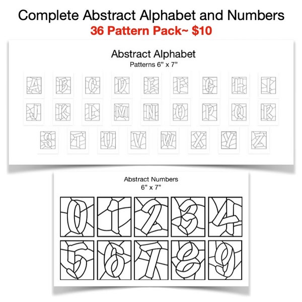 Abstract alfabet en cijfers gebrandschilderd glaspatroonpakket