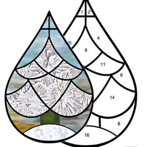 May include: A stained glass pattern for a teardrop-shaped Christmas tree with 16 numbered pieces. The pattern is available in two sizes: 5 inches by 7 1/2 inches and 7 inches by 10 1/2 inches. The pattern is from Down East Stained Glass.