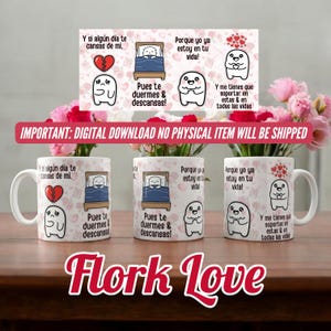 Op de afbeelding: Drie witte keramische mokken met een cartoonontwerp en Spaanse tekst. De mokken bevatten illustraties van een bed, een gebroken hart en een lachend personage. De tekst bevat zinnen als "Porque yo ya estoy en tu vida!" en "Flork Love."