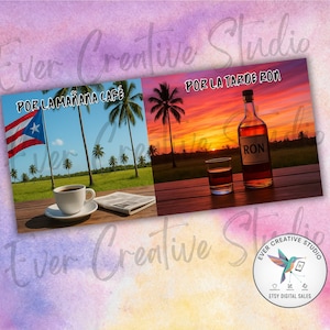 Puede incluir: Una impresión artística digital con dos escenas. A la izquierda, una taza de café, un periódico y la bandera de Puerto Rico. A la derecha, una botella de ron y un vaso al atardecer. El texto dice "POR LA MAÑANA CAFE" y "POR LA TARDE RON".