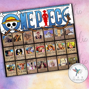 Puede incluir: Un póster con el logo de "One Piece" y una cuadrícula de carteles de "Se Busca" de personajes del anime. El logo azul presenta una calavera con huesos cruzados. El fondo tiene un efecto de acuarela.