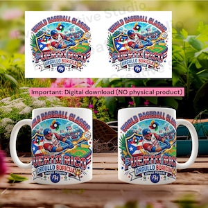 May include: White ceramic mug featuring a colorful design for the World Baseball Classic. The design includes the Puerto Rican flag, a baseball player, and the text "Puerto Rico Orgullo Boricua". The mug has a curved handle.