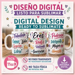 Może przedstawiać: Trzy białe ceramiczne kubki z kolorową typografią i ikonami serc. Tekst zawiera słowa takie jak Fabulosa, Capaz, Lider, Segura, Feliz, Libre, Eres, Real, Valiente, Guerrera, Poderosa, Inteligente, Mujer oraz Honesta. Cyfrowy projekt dla kubków 11oz.