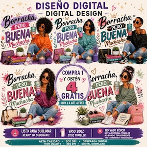 Borracha Pero Buena Muchacha Tumbler Wrap PNG | Buy 1 Get 4 FREE  | 20oz Skinny Tumbler | Diseño Digital para Sublimación