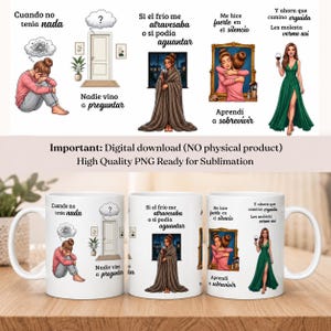 Puede incluir: Descarga digital con ilustraciones y texto en español. Las imágenes representan diversos estados emocionales y frases. El diseño es adecuado para la sublimación en tazas, ofreciendo una estética única e inspiradora.