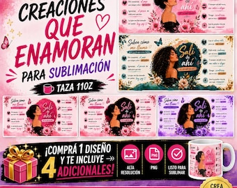 Pacote de imagens PNG inspiradoras para canecas em espanhol | Inclui variações de cores bônus | Designs para sublimação de 325ml | Caneca de café com tema de amor próprio |