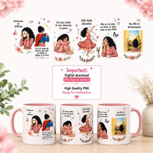 Puede incluir: Tazas de cerámica blanca con interiores y asas rosas, con ilustraciones de una mujer en varias poses con texto en español. Las tazas están decoradas con detalles florales y el texto "Important: Digital download (NO physical product)".